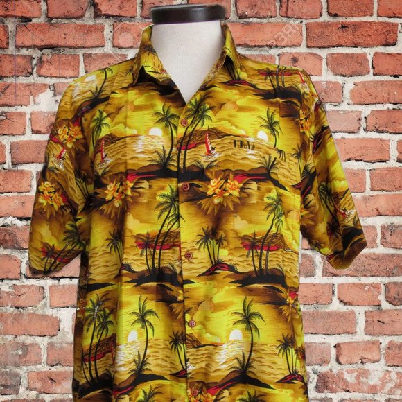 Vintage Hawaiian Shirt Men's XXL Button-Up Sunset Sailing Floral Palm Trees Nice - Picture 1 of 12